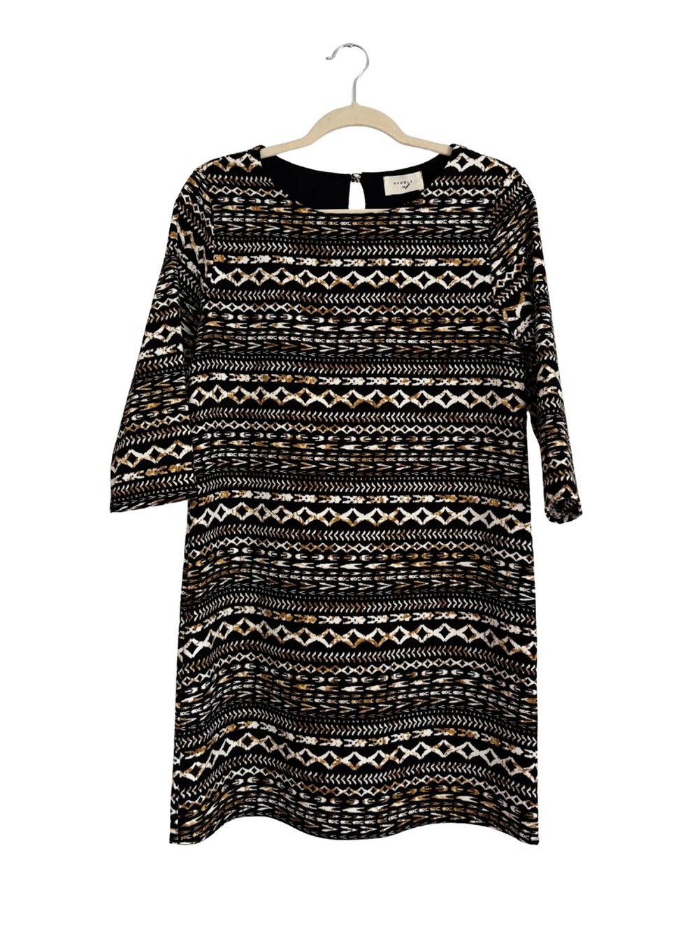 Everly Black Cream & Gold Patterned 3/4 Sleeve Shift Dress
